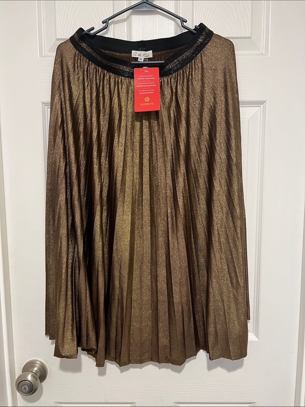 Evereve Vintage Inspired Metallic Bronze Pleated A-Line Skirt Black Waistband